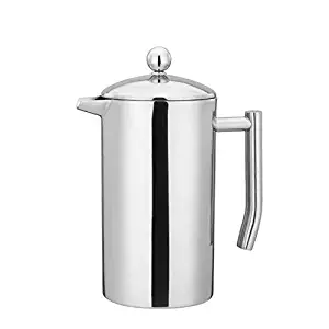 French Press Double Wall Stainless Steel Mirror Finish (1L/34oz.) Coffee/Tea Maker: 18/10 Stainless Steel, Rust-Free, Dishwasher Safe