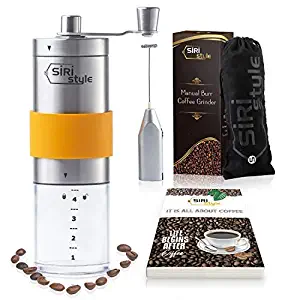 Portable Manual Coffee Grinder – Stainless Steel Coffee Bean Mill – Travel Burr Grinder – Hand Crank Coffee Grinder, Silicone Grip, Measuring Container + FREE Milk Frother, Pouch, eBook by Siristyle
