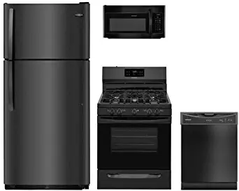 4-Piece Black Kitchen Package FFTR1821TB 30"" Top Freezer Refrigerator FFGF3054TB 30"" Gas Freestanding Range FFMV1645TB 30"" Over The Range Microwave and FFBD2406NB 24"" Built in Dishwasher