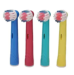 Kids Brush Heads Compatible with Oral-B Power Toothbrush, Red, Blue, Yellow & Teal Colors, Children Ages 3+ - Pack of 4
