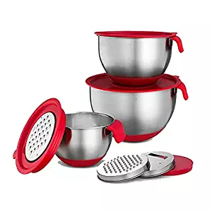 Mitbak Stainless Steel Mixing Bowls with Red Lids & Grater Attachments [Set of 3] | High-End Kitchen Cookware & Bakeware | Nesting Bowl Has Non-Slip Base & Measurement Marks | 2, 3, 5, Quarts