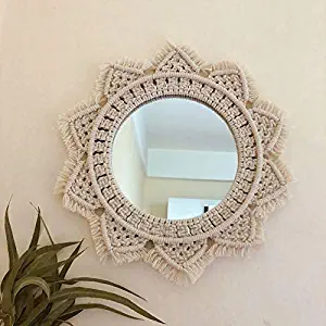 Okasi Wall Hanging Mirror Handmade Macrame Fringe Boho Decor Round Decoration for Living Room Bedroom Corridor Apartment Living Room Baby Home Decor (Wall Macrame Mirror)