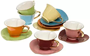 Tea and Coffee Cups with Saucers (Set of 6) by Classic Coffee & Tea|Charming, Inside Out Heart Shaped Cups Saucers|Fine Porcelain In 6 Colors with Gold Plated Ends & Handles|Great Gift Idea|6.5 oz