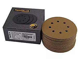 TigerShark 5 Inch Sanding Discs 8 Hole Grit 120 50pcs Pack Special Anti Clog Coating Paper Gold Line Hook and Loop Dustless Random Orbital Sander Paper Medium