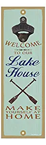 SJT ENTERPRISES, INC. Welcome to Our Lake House. Make Yourself at Home (Oar Image) 5" x 15" Bottle Opener Plaque Sign (SJT07446)
