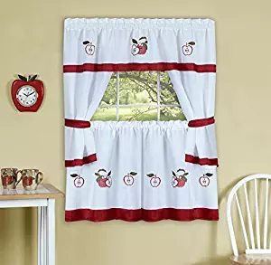 Gala Embellished Cottage Kitchen Curtain Set With Red Apples, 58x36 Inches