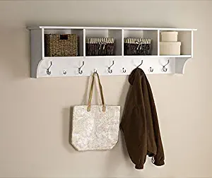 White 5 Ft Entry Hall Shelf with 4 Cubby and 9 Hook Coat Rack. A Wall Mount Storage Hat Rack Makes a Convenient Space Saver That Keeps Your Entryway Organized. Use a Hanging Entryway Shelf to Reduce Clutter.