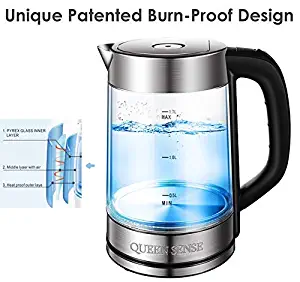 [Factory Store] Queen Sense Electric Double Wall Glass Kettle Tea Pot 1.7 Liter Cordless with LED Light BPA-Free with Auto Shut-Off, and Boil-Dry Protection (GK2007)