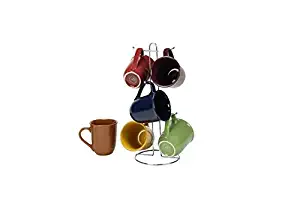 Coffee Cup Set by GIBSON Coffee Mug Set Stoneware Coffee Cups with Metal Rack Wire Holder Assorted Colors 7 pcs set, Cafe Amaretto