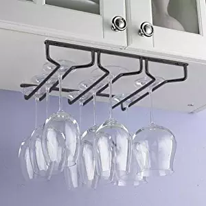 JMiles Under Cabinet Hanging Stemware Rack Hold Up to 9 Wine Glasses (Black)