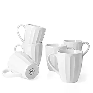 Sweese 6208 Porcelain Fluted Mugs - 14 Ounce for Coffee, Tea, Cocoa, Set of 6, White