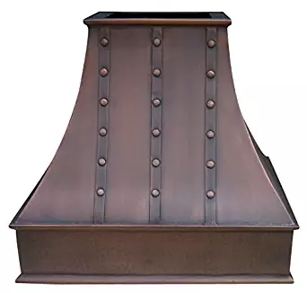 Handcrafted Copper Kitchen Vent Hood, includes High End Liner,Internal Motor and Lighting, 660CFM, Hammered Darker Strips and Round Head Rivets, Antique Copper Finish Wall Mount W30 x H27 inches