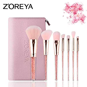 Z'OREYA 7Pcs Professional Makeup Brushes Shinny Pink Crystal Glitter Handle Design Synthetic/Vegan Make-up Brush Set With Pouch