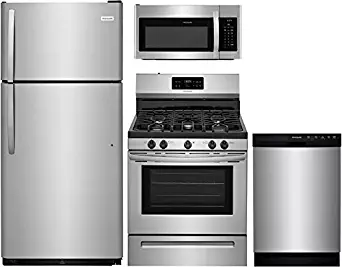 Frigidaire 4-Piece Stainless Steel Kitchen Package with FFTR1821TS 30" Top Freezer Refrigerator, FFGF3052TS 30" Freestanding Gas Range, FFMV1645TS 30" Over the Range Microwave Oven, and FFBD2412SS 24"