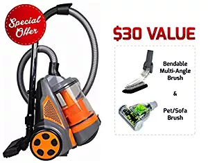 Ovente Electric Bagless Canister Vacuum, HEPA Filtration System, Automatic Cable Rewind, Floor & Furniture Nozzle, Pet/Sofa Brush, Multi-Angle Brush, Orange (ST2620O)