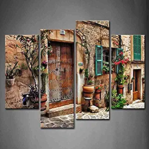 4 Panel Wall Art Streets of Old Mediterranean Towns Flower Door Windows Painting The Picture Print On Canvas Architecture Pictures for Home Decor Decoration Stretched by Wooden Frame,Ready to Hang