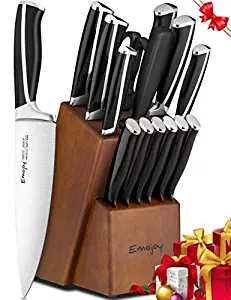Knife Set, 15-Piece Kitchen Knife Set with Block, ABS Handle for Chef Knife Set, German Stainless Steel, by Emojoy (Black)