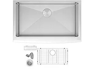 ZUHNE Prato 30 Inch Single Bowl Farm House 16G Stainless Steel Kitchen Sink, Scratch Protector Grid, Caddy and Strainer – Curved Tall Apron