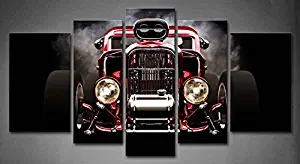 5 Panel Wall Art Hot Rod With Smoke Background On Black Painting The Picture Print On Canvas Car Pictures For Home Decor Decoration Gift piece (Stretched By Wooden Frame,Ready To Hang)