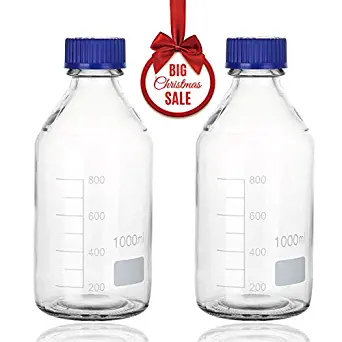 Cadamada 1000 ML Thick Glass Round Media Storage Bottles with Blue GL45 Screw Cap Pk/2 Thick Graduated Borosilicate Pyrex Glass Container