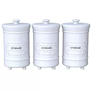French Design White Ceramic Canister Set for Kitchen - Set of 3 Decorative Storage Containers with Airtight Lids for Coffee, Sugar & More - Country Style Storage for Kitchen Essentials - 12oz/Canister