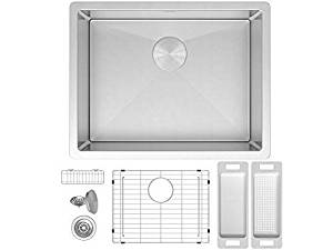 ZUHNE Modena 21 x 18 Inch Single Bowl Under Mount 16 Gauge Stainless Steel Kitchen Sink W. Grate Protector, Drain Strainer and Mounting Clips, Fits 24" Cabinet
