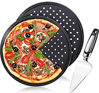 Pizza Crisper Set of 3, Includes 2 Piece Perforated Pizza Pan 13 Inch Carbon Steel Non Stick Pizza Crisper Pan with Holes Round Tray Baking Pan and 1 Piece Pizza Cake Cutter Slicer for Home Restaurant