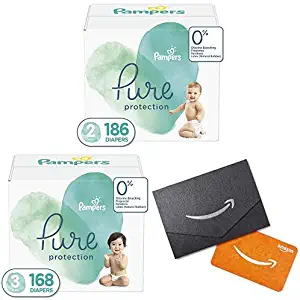 Diapers Size 2, 186 Count and Size 3, 168 Count- Pampers Pure Disposable Baby Diapers, Hypoallergenic and Unscented Protection, ONE Month Supply with $20 Gift Card