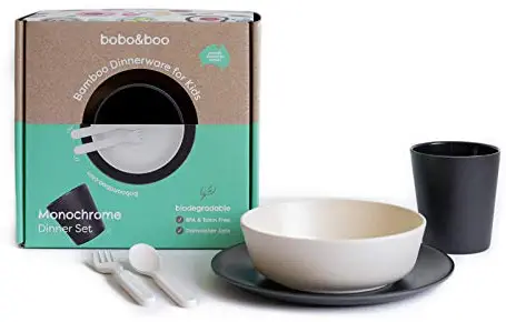 Bobo&Boo Bamboo 5 Piece Children’s Dinnerware, Monochrome, Non Toxic & Eco Friendly Kids Mealtime Set for Healthy Infant Feeding, Great Gift for Birthdays, Christmas & Preschool Graduations