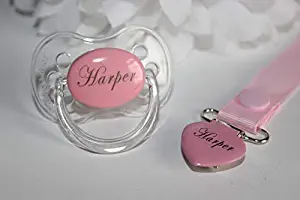 Personalized Pacifier and Pacifier Clip Pink (0-6 or 6-18 Months) BPA-Free CAN BE STERILIZED 3 Nipple Shapes (0-6 Months)