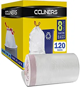 CCLINERS 8 Gallon 120 Count Medium Trash Bags Drawstring 30 Liter Kitchen Garbage Bags for Bathroom Wastebasket Can Liners Fits up to 9 Gallon for Home and Office Bins, 120 Bags