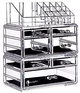 Cq acrylic 7 Drawers and 16 Grid Makeup Organizer,9.5"x6.5"x11.8",Clear 2 Piece Set