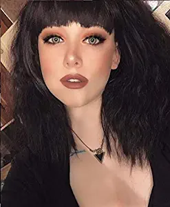 eNilecor Short Fluffy Bob Kinky Straight Hair Wigs with Bangs Synthetic Heat Resistant Women Fashion Hairstyles Custom Cosplay Party Wigs + Wig Cap?Black)