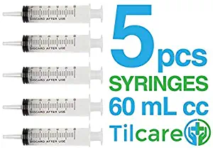 60ml Catheter Tip Syringe with Covers 5 Pack by Tilcare - Sterile Plastic Medicine Food Droppers for Children, Pets or Adults – Latex-Free Oral Medication Dispenser - Large Feeding Tube Syringes