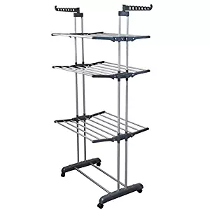 BonBon 3 Tier Clothes Drying Rack Folding Laundry Dryer Hanger Compact Storage Steel Indoor Outdoor (Gray/Silver)