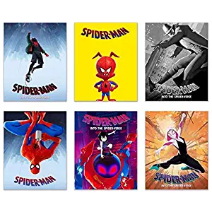 Spiderman Into The Spiderverse Movie Poster Prints - Set of 6 (8x10) Comic Movie Multiverse Marvel Wall Art Decor - Miles Morales - Spider-Gwen - Peter Parker - Spider-Ham - SP//dr - Noir