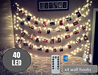 BestCircle 40 LED Photo Clip String Lights 20 Ft, Remote Control,Free Wall Hooks, USB Powered, Warm White, Timer, Christmas Card, Decoration, Wedding, Party, Christmas Lightings