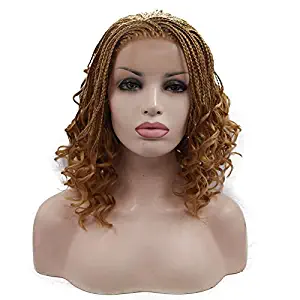 16" Gold Braiding with Curly tips Synthetic Synthetic Lace Front Wigs free Parting 260% Density Braids Braided Heat Resistant Fiber Hair for Woman