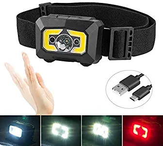 Rechargeable COB Headlamp, 500 Lumens White LED Head Lamp Flashlight with Red Light, Motion Sensor Brightest Headlights Best for Kids, Running, Hiking, Lightweight, Waterproof, Adjustable Headband