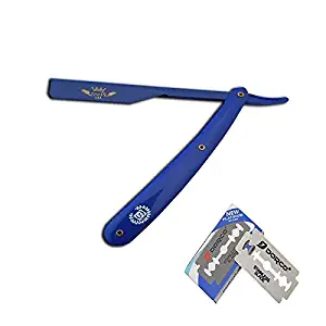 PROFESSIONAL STRAIGHT BARBER RAZOR CLEAN SHAVE CUT THROAT SHAVETTE + FREE BLADES STRAIGHT EDGE FOLDING KNIFE BLADE AFEITADO RAPADA USA SALON SHAVING CLASSIC STAINLESS STEEL (Blue Razor Holder)