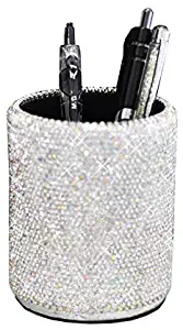 Bestbling Crystal Pencil Pen Pot Holder Box Bling Rhinestone Pen Organizer Holder Cosmetic Pen Container (Silver, Round)