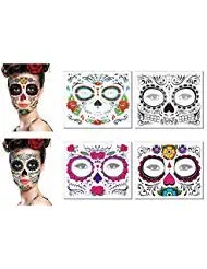 Day of The Dead Sugar Skull Face Tattoos Makeup Kit Halloween Glitter Red Roses Temporary Tattoos Stickers for Women Men Kids Mexican Party Favor Supplies (4 Sheets)