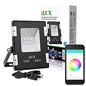 LE iLUX Smart LED Flood Light, Outdoor Plug in, 10W RGB, Dimmable, IP65 Waterproof, Bluetooth Remote Control for iOS and Android, Color Changing with Music, Floodlight for Home, Garden, Balcony, Tree