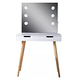 GLS White Large Makeup Vanity Table Desk with Drawers and Mirror Jewelry Armoire and LED Light