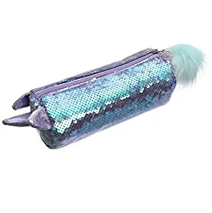 Chris.W Glitter Cosmetic Bag Unicorn Sequins Portable Students Pens Pencil Case Girls Women Make Up Pouch with Pompom Zip Closure(Purple)