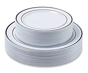 Disposable Plastic Plates - 60 Pack - 30 x 10.25" Dinner and 30 x 7.5" Salad Combo - Silver Trim Real China Design - Premium Heavy Duty - By Aya's Cutlery Kingdom