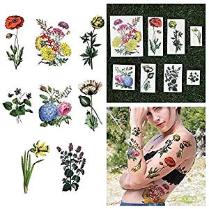 Tattify Bright Colorful Flower Temporary Tattoos - The Secret Garden (Complete Set of 16 Tattoos - 2 of each Style) - Individual Styles Available - Fashionable Temporary Tattoos