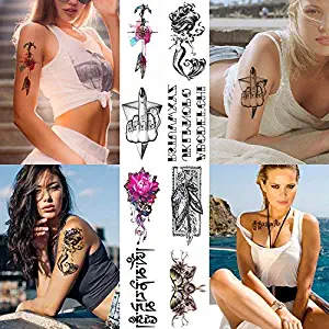 8 Sheets Tribal Temporary Tattoo Sticker For Women Girls Models Adults - Waterproof Long Lasting Body Art Makeup Sexy Realistic Arm Tattoos - Flower Hands Feather Alphabet Mermaid Butterfly