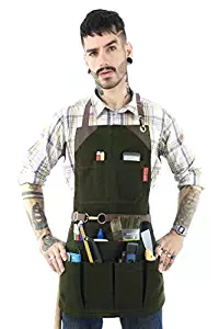 Under NY Sky Tool Forest Green Apron – Heavy-Duty Waxed Canvas, Leather Reinforcement, Extra Pockets – Adjustable for Men and Women – Pro Mechanic, Woodworker, Blacksmith, Plumber, Electrician Aprons