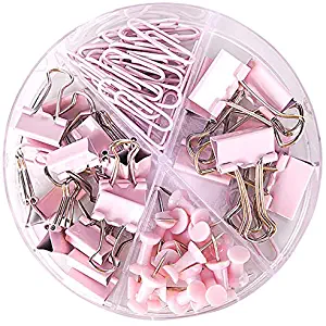 Paper Clips Binder Clips Push Pins Sets with Acrylic Box for Office Supplies, School Accessories and Home Supplies (Pink)